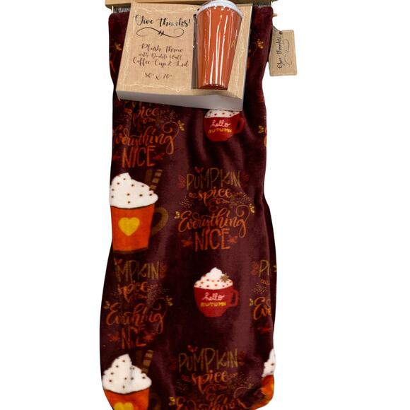 Fall Pumpkin Spice Latte Coffee Cup Hello Autumn Decor Throw Plush Blanket NEW - Picture 1 of 7